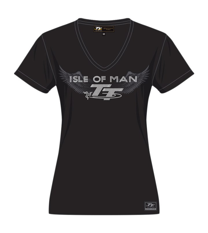 TT Ladies V T-Shirt Diamonte/Printed Wings Black - click to enlarge
