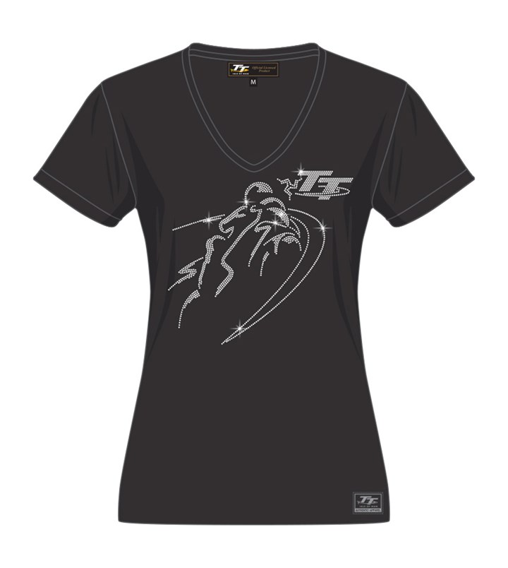 TT Ladies V T-Shirt Diamonte Bike Black - click to enlarge