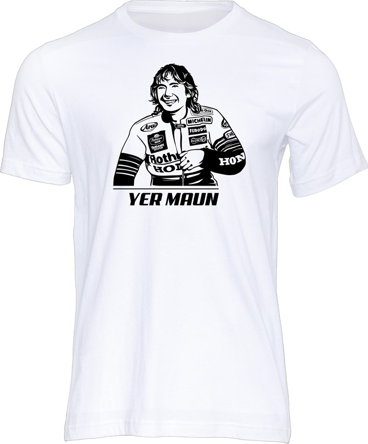 Joey Dunlop - Yer Maun T-shirt, White - click to enlarge