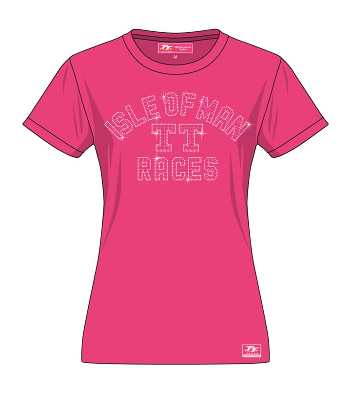 TT Ladies Diamante IOM TT Races T-Shirt Silver/Pink - click to enlarge