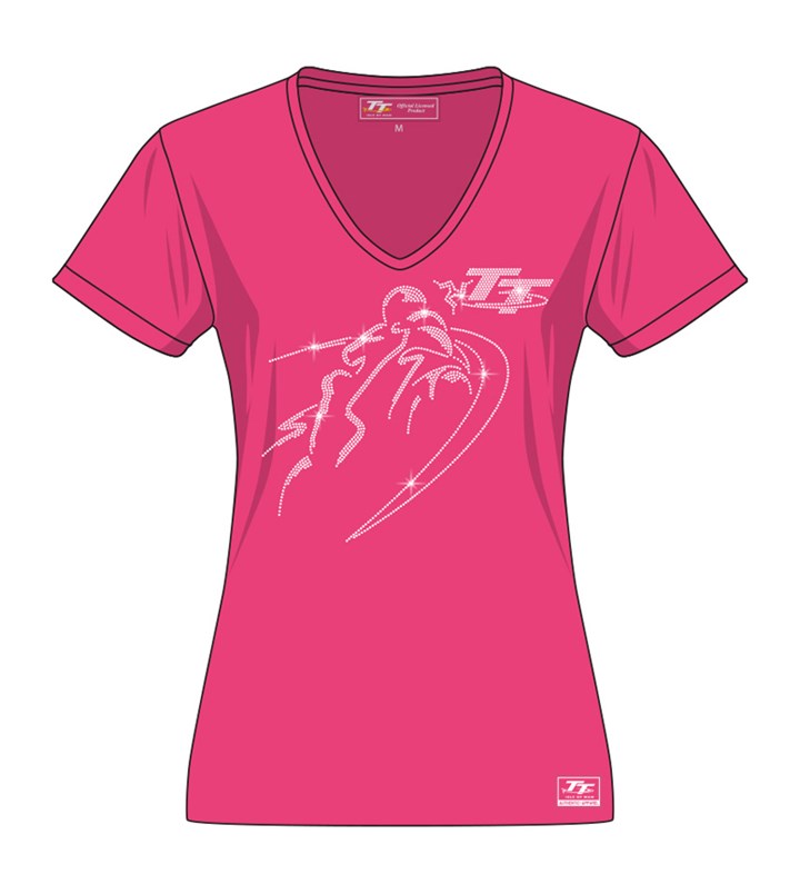 TT Ladies V T-Shirt Diamonte Bike Pink - click to enlarge