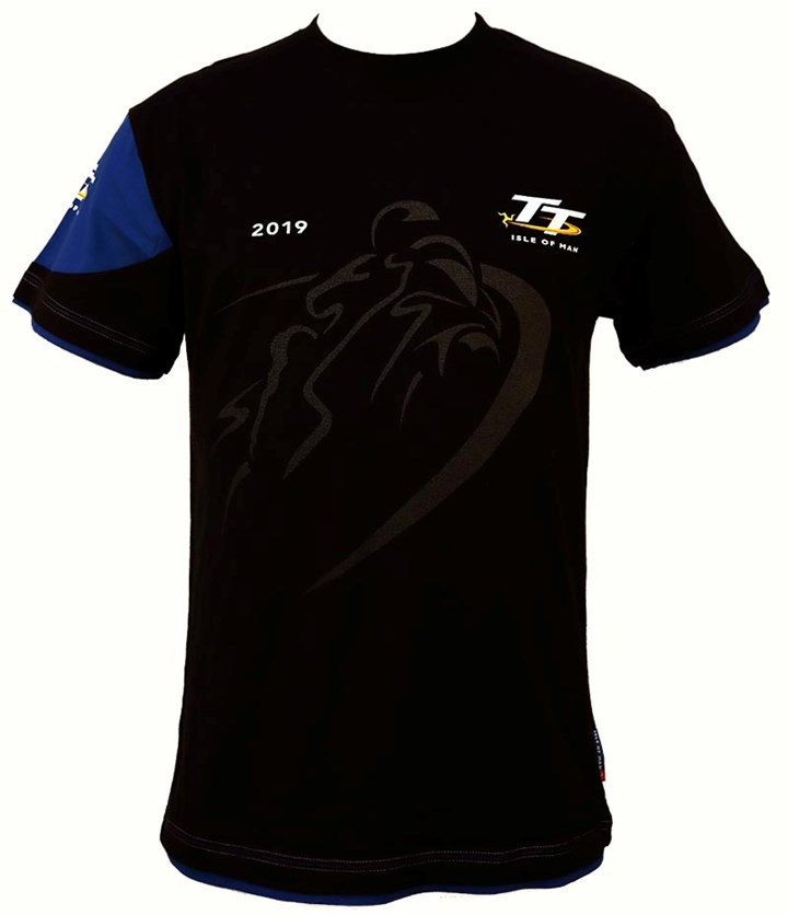 TT 2019 Shadow Bike T-shirt Black, Blue Trim. - click to enlarge