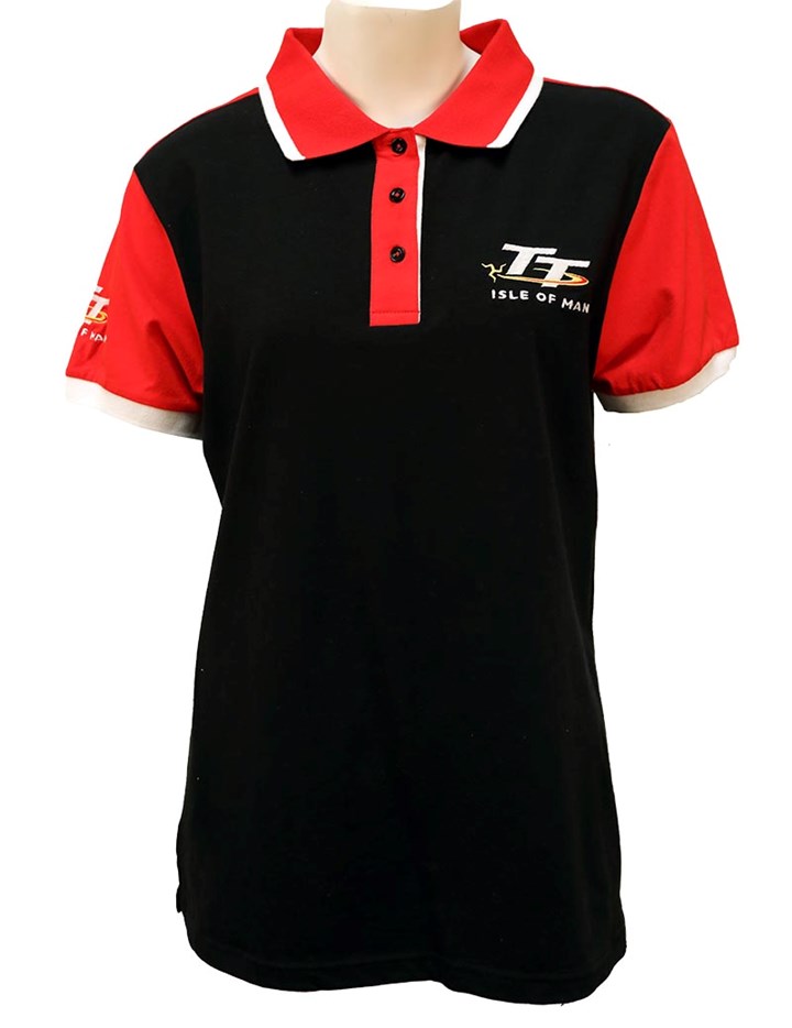 TT Ladies Polo Black with Red Shoulders - click to enlarge