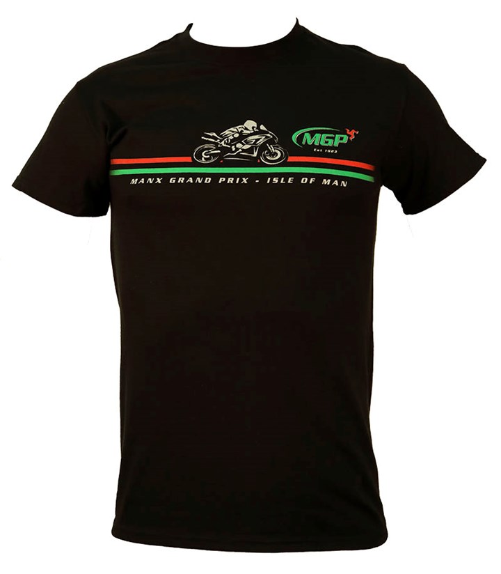 Manx Grand Prix Red/Green Stripe T-Shirt Black - click to enlarge