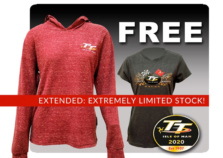 TT Ladies Hoodie Raspberry with Free Gold Bikes T-Shirt and TT Pin - click to enlarge