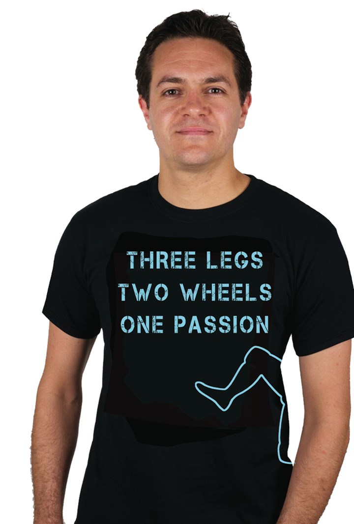 Three Legs Two Wheels One Passion T-Shirt Black/Blue - click to enlarge