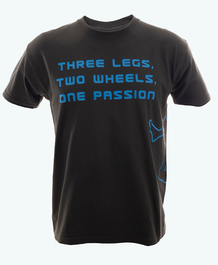 Three Legs Two Wheels One Passion T-Shirt Slate/Blue - click to enlarge