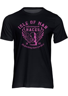 Isle of Man Road Races Distressed Wings T-Shirt Pink on Black