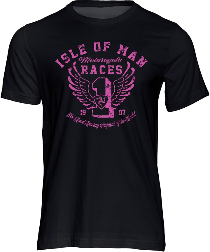 Isle of Man Road Races Distressed Wings T-Shirt Pink on Black - click to enlarge