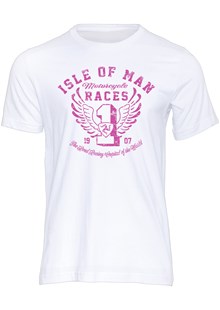 Isle of Man Road Races Distressed Wings T-Shirt Pink on White