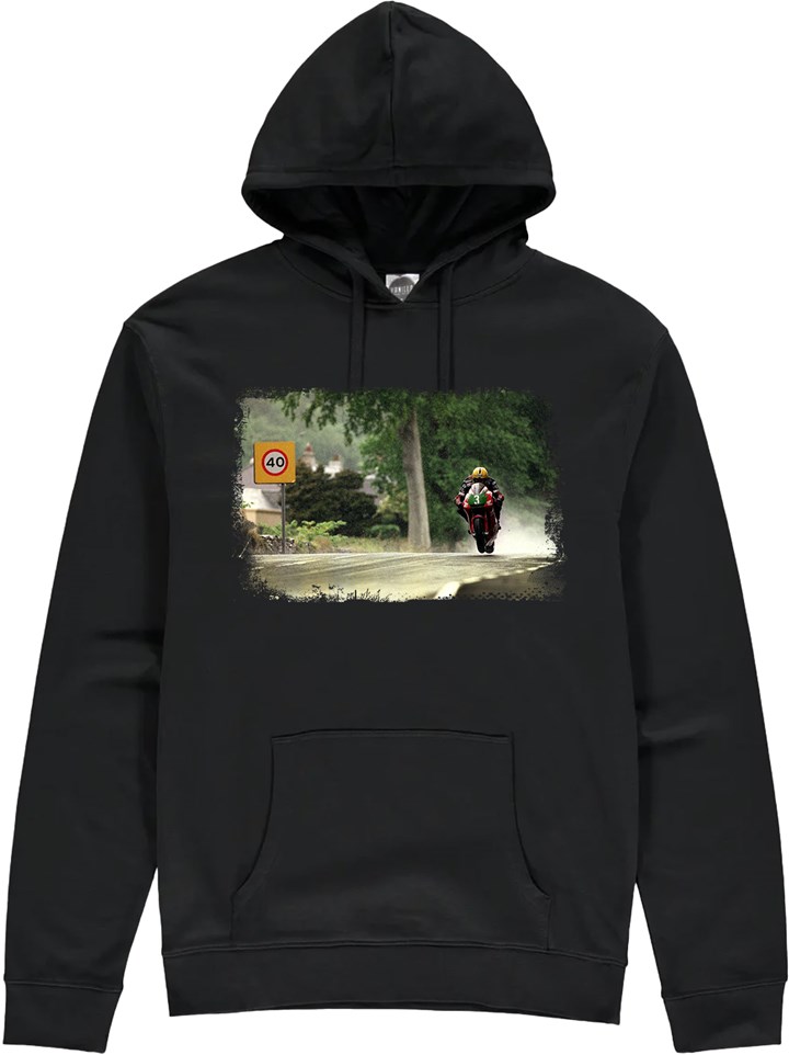 Joey Dunlop in the Rain TT 1998 Print Hoodie - click to enlarge