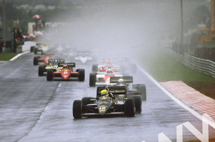 Senna leads teammate Elio de Angelis,Prost and Alboreto - click to enlarge
