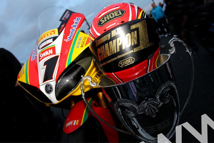Tommy Hill BSB 2011 winning bike, trophy and helmet - click to enlarge