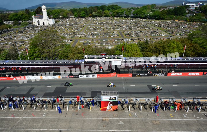 Aerial view of TT Pits and scoreboard, TT 2013 - click to enlarge