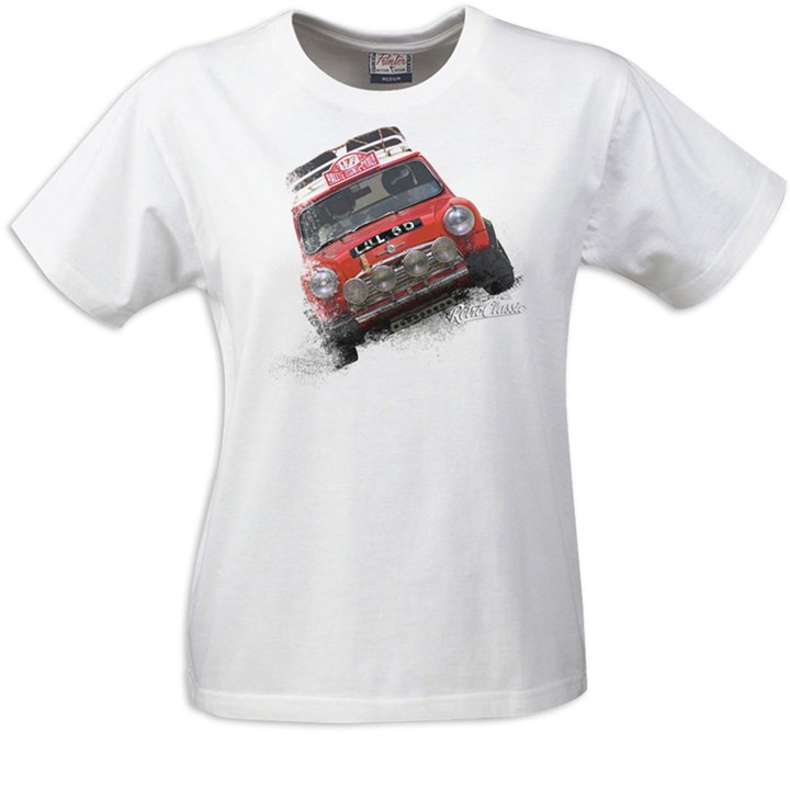 Retro Classic Mini Rally Ladies T-Shirt White - click to enlarge