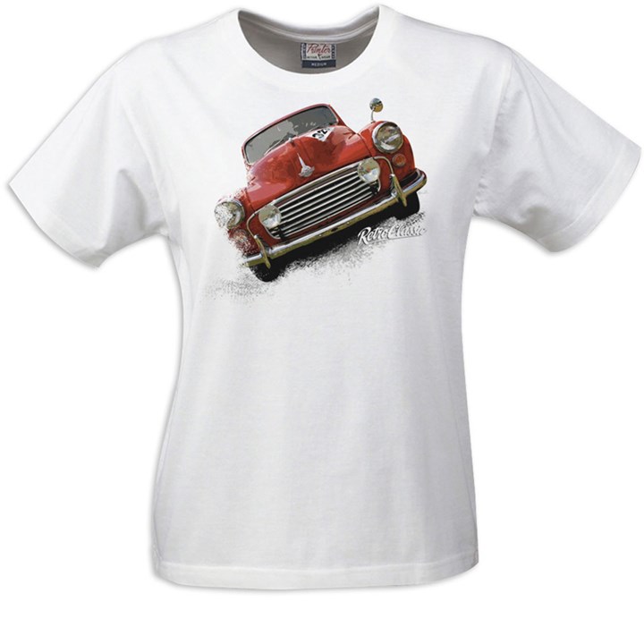 Retro Classic Morris Minor Ladies T-Shirt White - click to enlarge