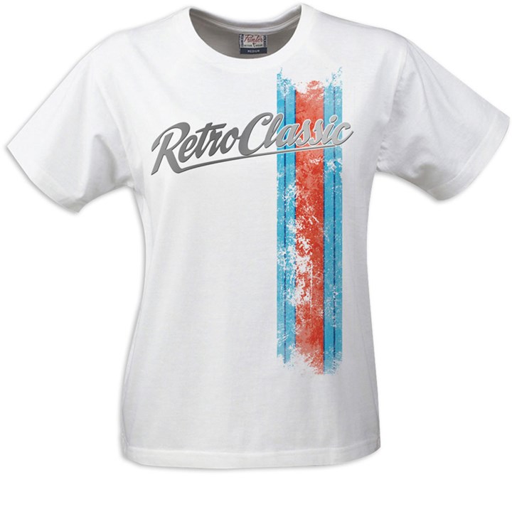 Racing Stripes Blue/Red Ladies T-Shirt White - click to enlarge