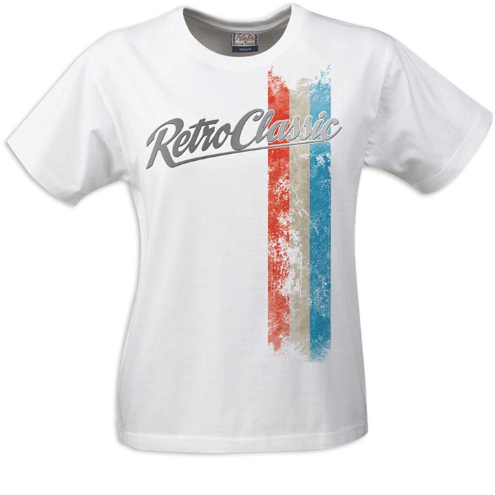 Racing Stripes Red/Natural Blue Ladies T-Shirt White - click to enlarge
