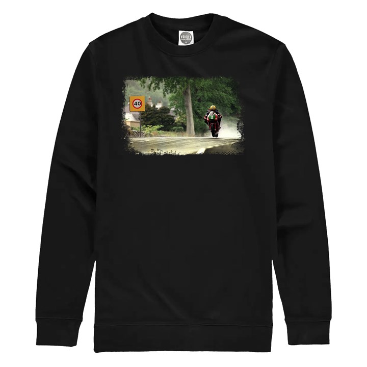 Joey Dunlop in the Rain TT 1998 Print Sweathshirt Black - click to enlarge